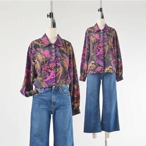 Vintage 80s Purple Abstract Print Collared Blouse size M